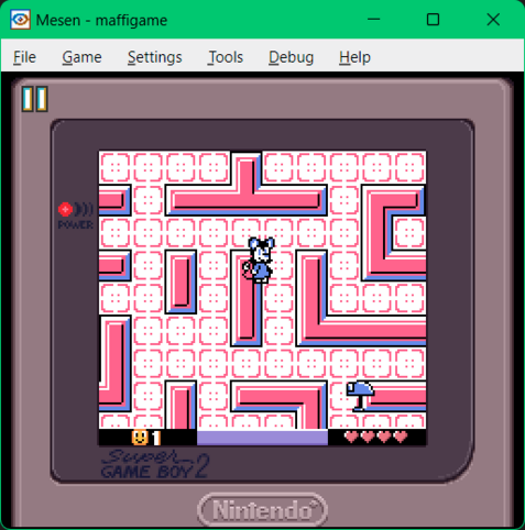 Screenshot of a top-down maze game in a Super Game Boy emulator, with a border around it. The maze walls are red, with blue shading.