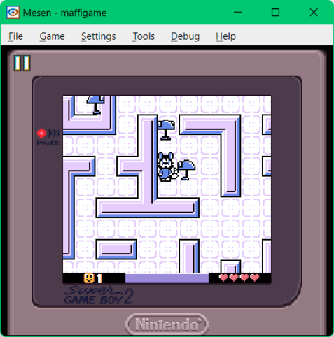 Screenshot of the same game, with lavender colored maze walls