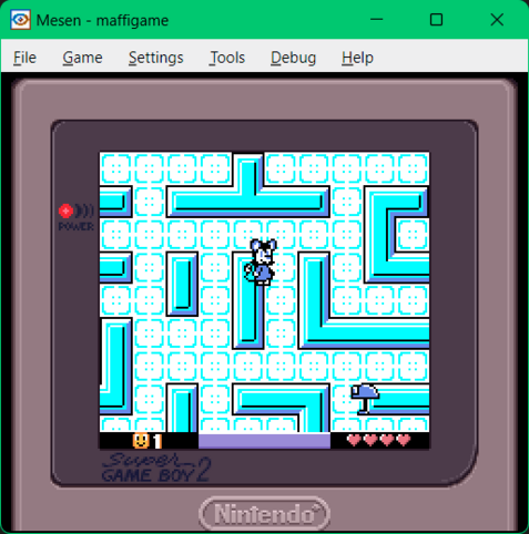 Screenshot of the same game, with bright cyan colored maze walls