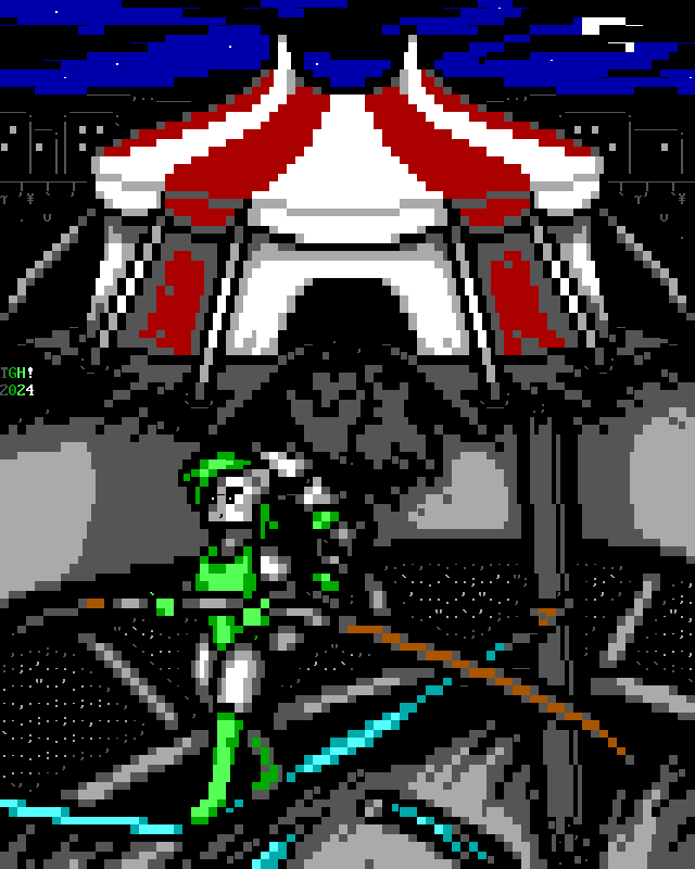 In a city at night, a throng of people with animal features files into a huge, red and white-striped circus tent with two peaks. Inside the circus tent, a smiling ringtail person in a green leotard, wearing green gloves, thigh-high boots and bands on their tail, walks across a tightrope while holding a long wooden balance pole, with a massive audience watching below.