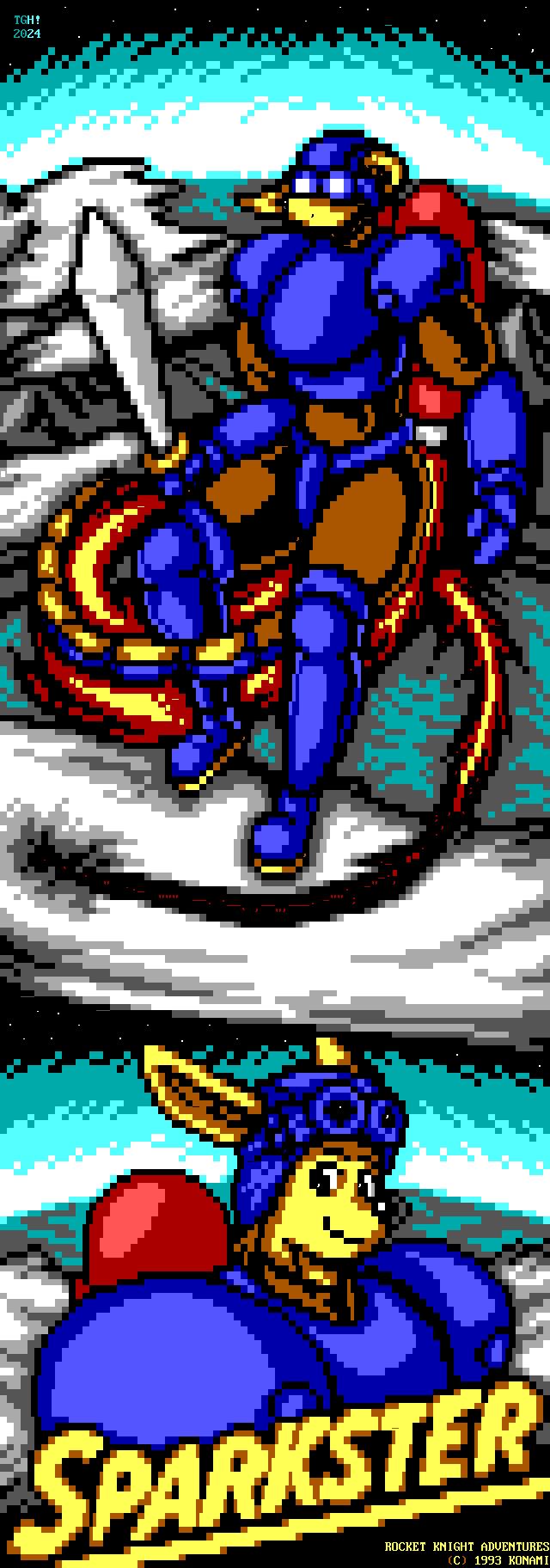 A yellow, semi-cartoonish opossum wearing an aviator helmet and goggles, a bodysuit, a lightweight suit of medieval armor, plate armor over his tail, and a jetpack flies high above the planet, with the clouds, land and sea miles below him. He has burst through the clouds brandishing a sword and flown in a spiraling path, evidently showing off for an audience as opposed to soaring into actual combat. Below this display is a portrait of the Rocket Knight with his goggles off, who looks aside at the viewer with a smile. Below him is the name "Sparkster".