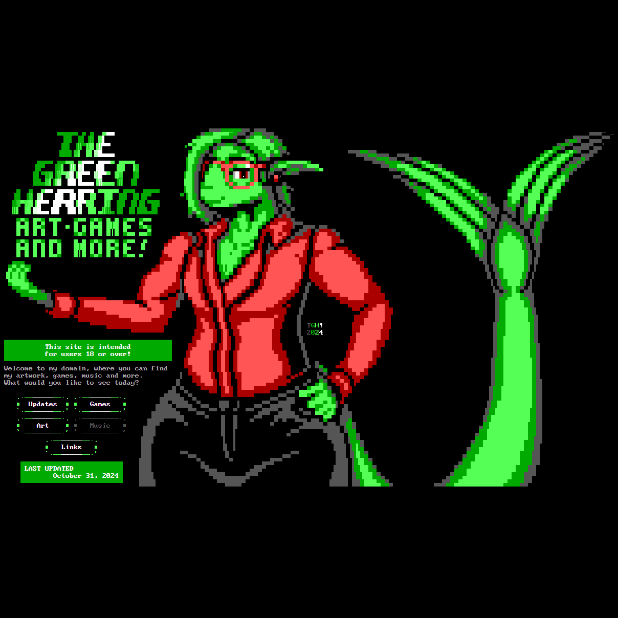 A masculine but lean green fishperson with long parted hair wearing red glasses, earrings, and a tight blouse along with form-fitting black trousers greets the visitor to their website with a smile and a wave of their hand, their other hand resting on their hip and their tail lifted. The text says: "The Green Herring: Art, Games and More! This site is intended for users 18 or over! Welcome to my domain, where you can find my artwork, games, music and more. What would you like to see today?"