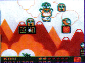 Prerelease still of KDL2 showing Kirby and Coo near some Kabus, some Waddle Dees, and a Gordo