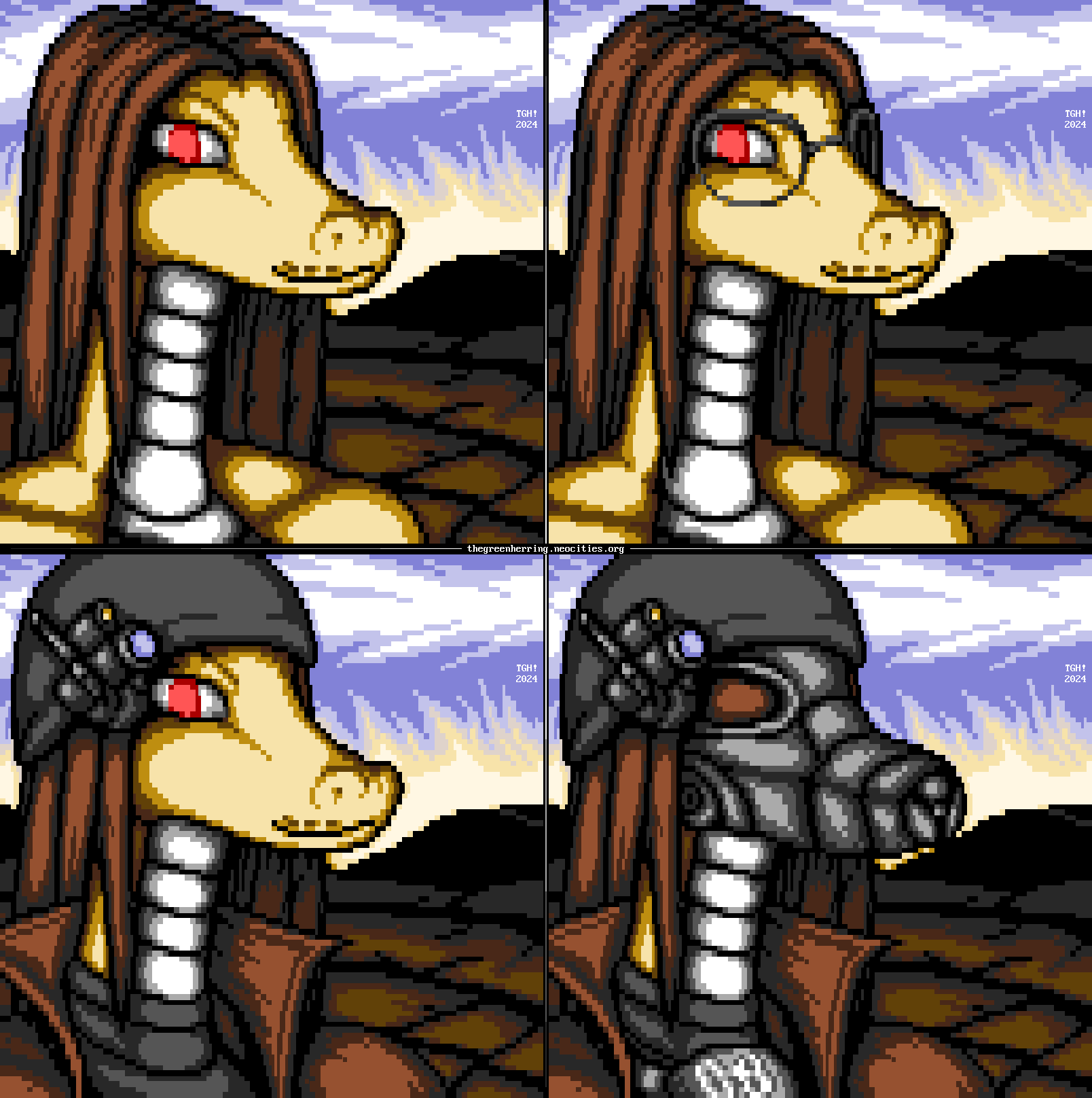 Portraits of a smirking beige snake man with long brown hair and red eyes standing in the Mojave Desert. Four variants are included. The second shows the the snake with large-lensed glasses without temples. The third shows the snake wearing a steel helmet on which a combination radio, infared sensor and light lamp are attached, along with a brown leather duster and an armor shirt. The fourth and final version shows the same outfit but with a steel gas mask and armor plating with the number "zero eight" stamped on it, establishing him as a New California Republic Veteran Ranger from Fallout: New Vegas.