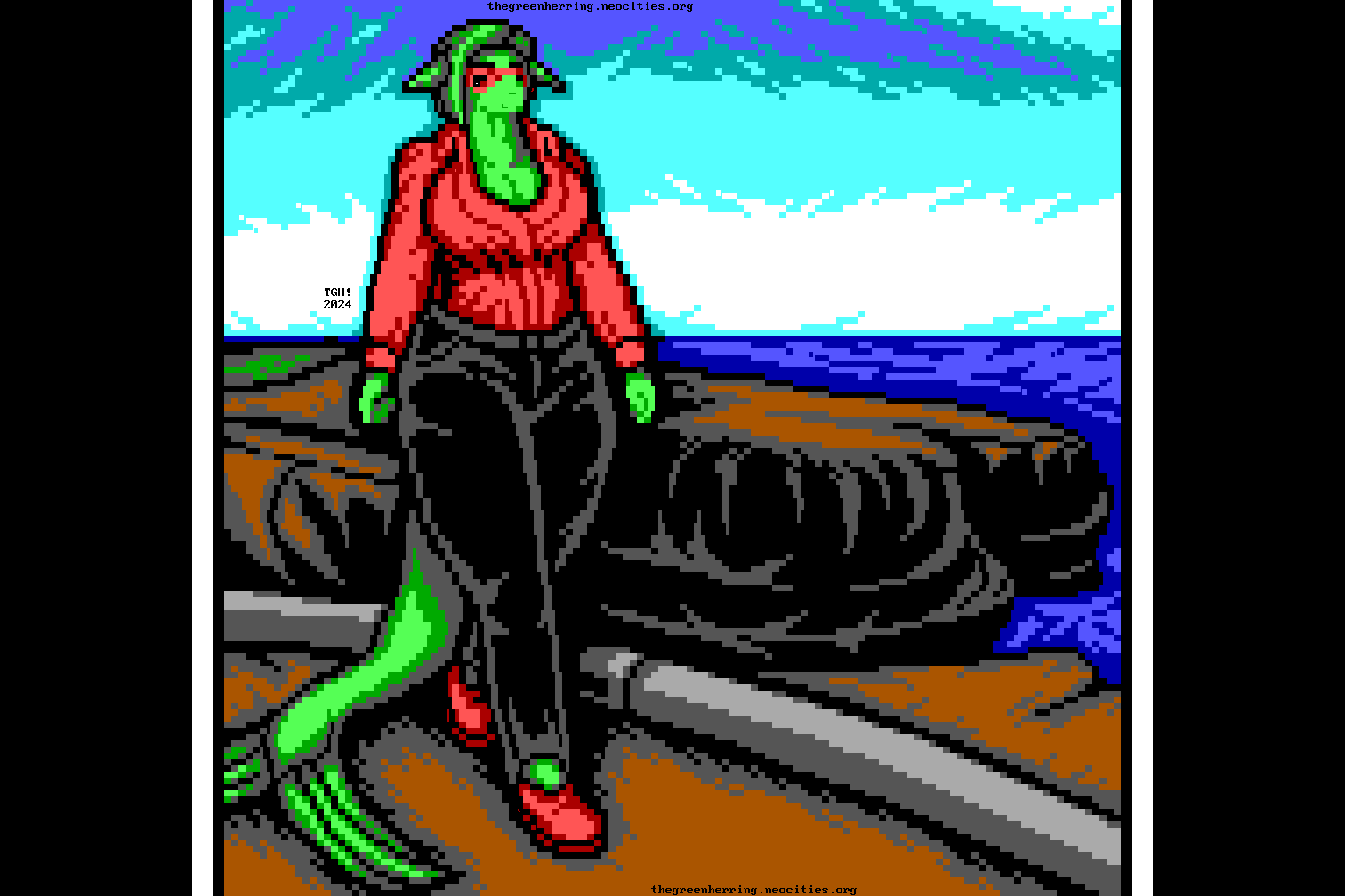 A masculine but buxom fishperson with wide hips poses with one foot forward, as if walking, on a dirt path by the road on a coastal cliff during the daytime, with the rocky protrusion of Luscomb's Point in San Diego, California behind them and the ocean's horizon in the distance. Their huge fish tail rests by their feet. They are wearing a form-fitting red satin blouse and a tight black satin trousers, with red slip-on shoes.