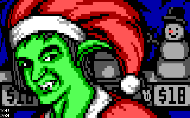At a store selling Christmas items, a goblin wearing a Santa Claus hat and coat with the price tags still attached gives the observer a fanged grin of mischief as he walks past a display of cheaply-made snowman statues being sold for eighteen dollars apiece. He is depicted in a high-resolution portrait that shows his devilish expression in detail.