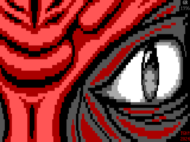 An extreme close-up of a dragon's left eye, showing the details of the red scales on its face. In its eye, the reflection of a ghostly, humanoid figure can be seen. The image is drawn using text and block characters in a constricted palette of only black, white, two shades of red, and two shades of gray.