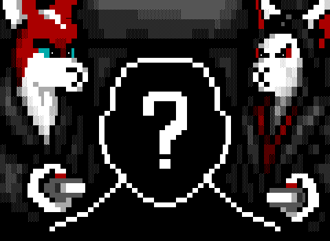 A deep-red kangaroo with a white underbelly and cyan eyes; and a big white hare with long black hair and red eyes; are dressed in suits and standing in a villain's room brandishing stun devices at them. The villain is shown as a silhouette with a question mark in the middle.