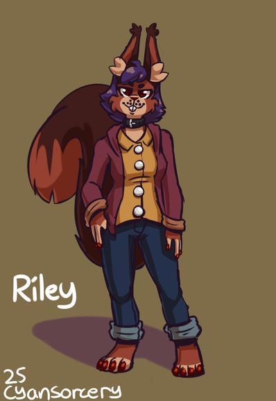 A drawing of my squirrel fursona, Riley. She's primarily brown, with plum colored hair and pointy ears. She's got a dark lavender long sleeve shirt, which is open to reveal a yellow undershirt, and blue pants. Her claws are red like her nose and eyes