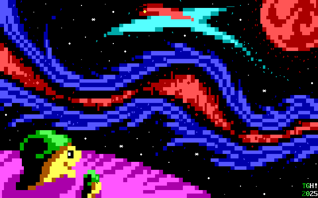On the edge of a cliff, a small alien with a shell on its head sits with its child, a tiny creature that strongly resembles it, watching the vastness of space beyond their home. In the starry expanse, an aurora flows like river, bordered by fiery trails. Far beyond this display, a planet with an unearthly atmosphere spins peacefully. Between these, a creature resembling a manta ray, bigger than the planet, swims on.