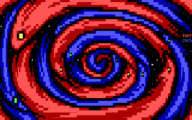 Somewhere in the starry depths of space, two sets of fiery alien creatures that resemble eels, one red with yellow eyes and the other blue with green eyes, travel together in a spiral formation. We look directly in the middle of this formation as they fly off into the vastness of space, disappearing into the center of the frame, their destination unknown.