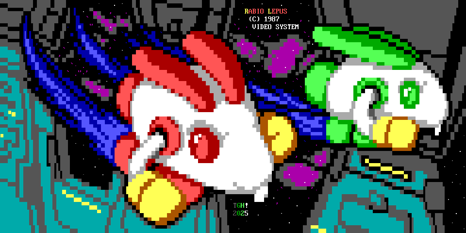 Two pairs of white cartoon robot rabbits with rocket legs and yellow boxing glove hands fly at an angle through a hexagon-shaped space ship corridor with hexagon-shaped windows, beyond of which is a deep magenta aurora in starry space. Flying closer to us is a rabbit with red eyes, ears and rockets; flying nearer to the side of the frame is a rabbit with green eyes, ears and rockets. Above them is the text "Rabio Lepus, copyright 1987 Video System".