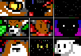 An ANSI art image collecting slices from eight ANSI art images, arranged into rectangular panels. We see a lynx and a smiling rodent staring into each other's eyes; a colored ASCII goat face; a fierce deer man with glowing green eyes; a brown rabbit with long pupils furrowing their brows; a dragon's face in silhouette against a purple and blue gradient; a close-up of a deer's sidelong glance; a smirking black cat made of text characters with yellow ANSI eyes; and a white rabbit hard at work doing something.