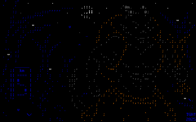 On a moonlit night, a muscular goat man wearing a tattered skirt and a wicker basket on his back stomps through a snowy road wielding birch rods in one hand, passing a sign indicating a destination five kilometers away. This image is drawn entirely with colored punctuation.