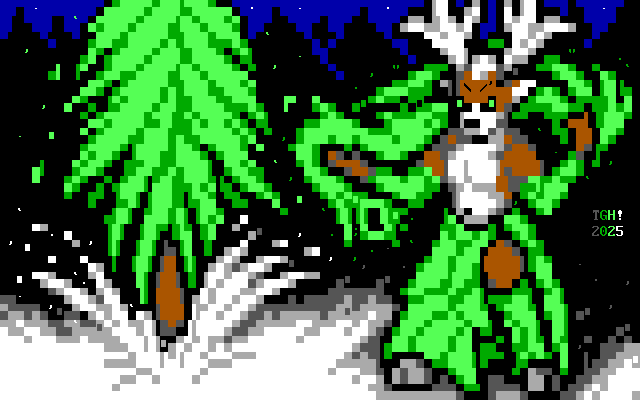 In a snow-covered forest at night, an athletic deer man with glowing green eyes wearing long green gloves, leg warmers, and a side-split skirt all made of leaves casts magic with green energy that causes a spruce tree to burst from the ground, sending snow spraying all around. His outstretched arm leaves a magical trail that happens to resemble the number 10.