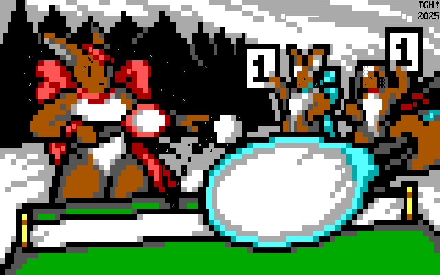 In a snow-covered landscape at day, a brown rabbit person with a white underbelly wearing a big red ribbon around their neck is playing table tennis with another brown rabbit person only seen as a hand wearing a cyan ring. Motion lines drawn with punctuation suggest the red ribbon rabbit has quickly lunged to the side to bounce the ball off the court and over the net, seen from the perspective of their opponent who is preparing to block the shot. In the background, a burly rabbit wearing a big cyan neck ribbon and a smaller rabbit with floppy ears and a red scarf are each holding up a score card with the number "1" written on it. The burly one stares in smug satisfaction with a hand on his hip while the floppy-eared one is cheering on Red Ribbon.