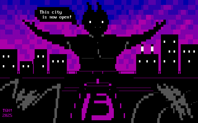 Against a purple sky fading into blue night, the silhouette of a gigantic wingless dragon man, with only his eyes and nostrils visible, raises his arms over a city and declares, "This city is now open!" A cat and a floppy-eared dog seen as gray outlines watch from in front of the viewer. Between them are paths leading to a water fountain, with the path in front having the number 13 written on it.
