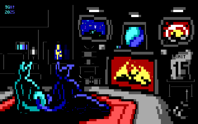 Two feline aliens, one cyan and one blue, sit together on a red rug in front of their fireplace, lit only by the flames and in silhouette. They are seated separately but with their tails wrapped around one another. Above the fireplace is a painting of a yin yang-esque design with one half cyan and the other blue. Surrounding it are framed photos of the cyan alien winning a trophy in an athletic competition with confetti raining down on them, and the ruins of a domed city at dawn. Below the photos are end tables carrying the trophy and a salvaged speed limit sign with the number 15 on it. In front of the sign is a droid on tank treads with an antenna on top; in front of the trophy is a stereo playing music. In the shadows of the background, the outlines of a couch, an end table with a blue and yellow lava lamp, a doorway, and a door with cyan and blue panels next to a thin lamp on a post can be seen.