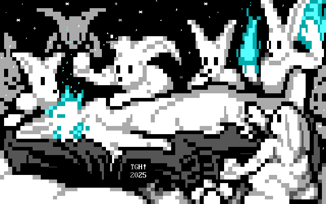 A nest of snow rabbits are working to build another one of their kind on a slab of rock. One has ripped off part of his own ear and is about to put a snowball inside of the creature; while another is squatted by the legs working to put more snow into the right leg from a pile. Another rabbit stands at the back casting cyan magic to begin the process of bringing the creature to life, with a cyan aura surrounding their head. Several more of these rabbits watch with a mix of surprise, contemplation and admiration. One side of the rock slab happens to be lit in a manner resembling the number 23.