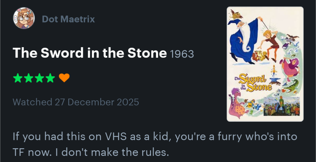 The Sword in the Stone (1963)
If you had this on VHS as a kid, you're a furry who's into TF now. I don't make the rules.