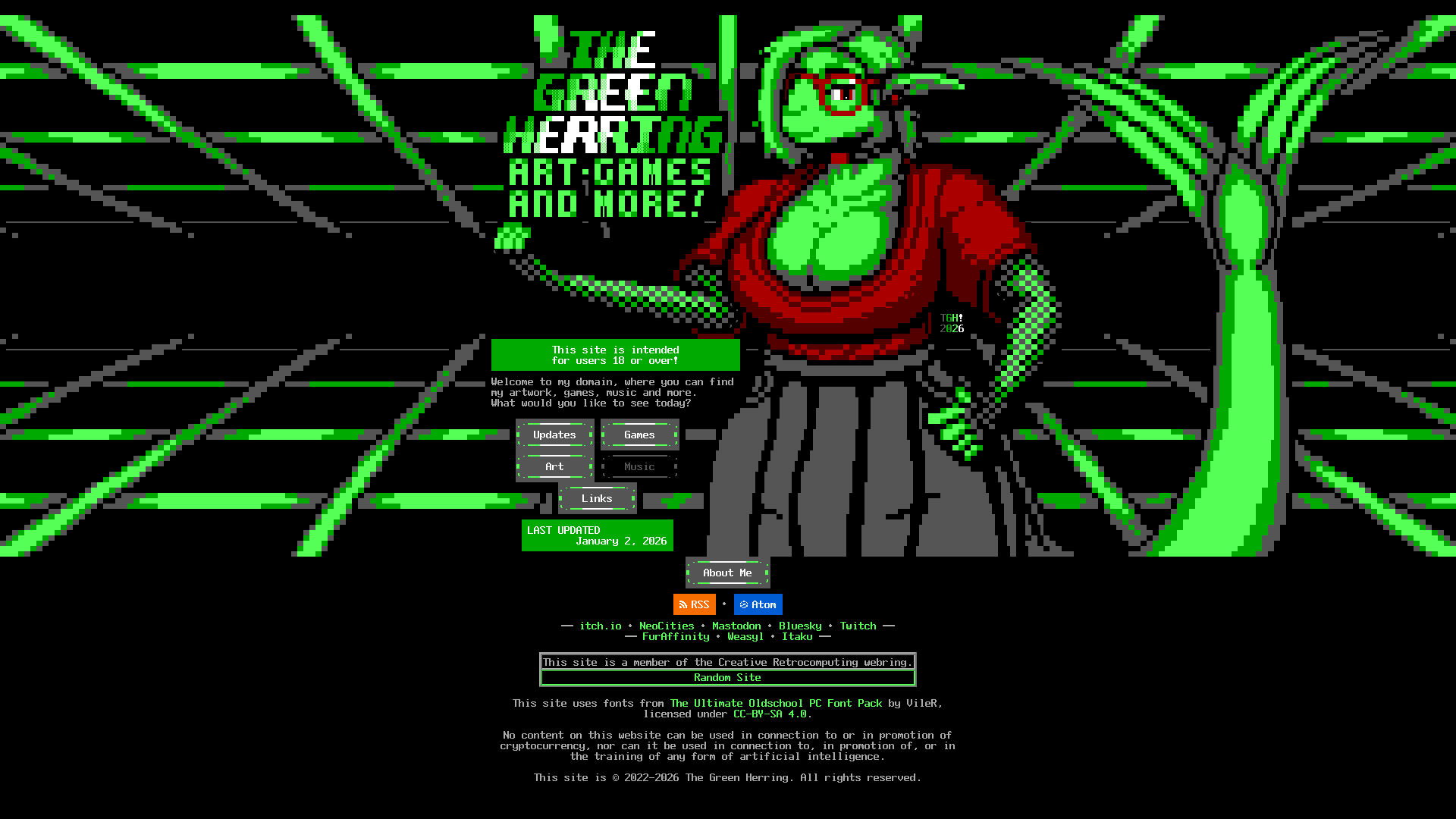 On a website front page, in a green wireframe grid, a masculine but lean green fishperson with long parted hair wearing red glasses, earrings, a choker with a red medal, and a dark-red V-neck t-shirt over a heavy bosom, along with fishnet gloves and a black waist-high pleated skirt with pockets pushed slightly forward by their package, greets the visitor to their website with a smile and a wave of their hand, their other hand resting on their hip and their tail lifted. The text says: "The Green Herring: Art, Games and More! This site is intended for users 18 or over! Welcome to my domain, where you can find my artwork, games, music and more. What would you like to see today?"