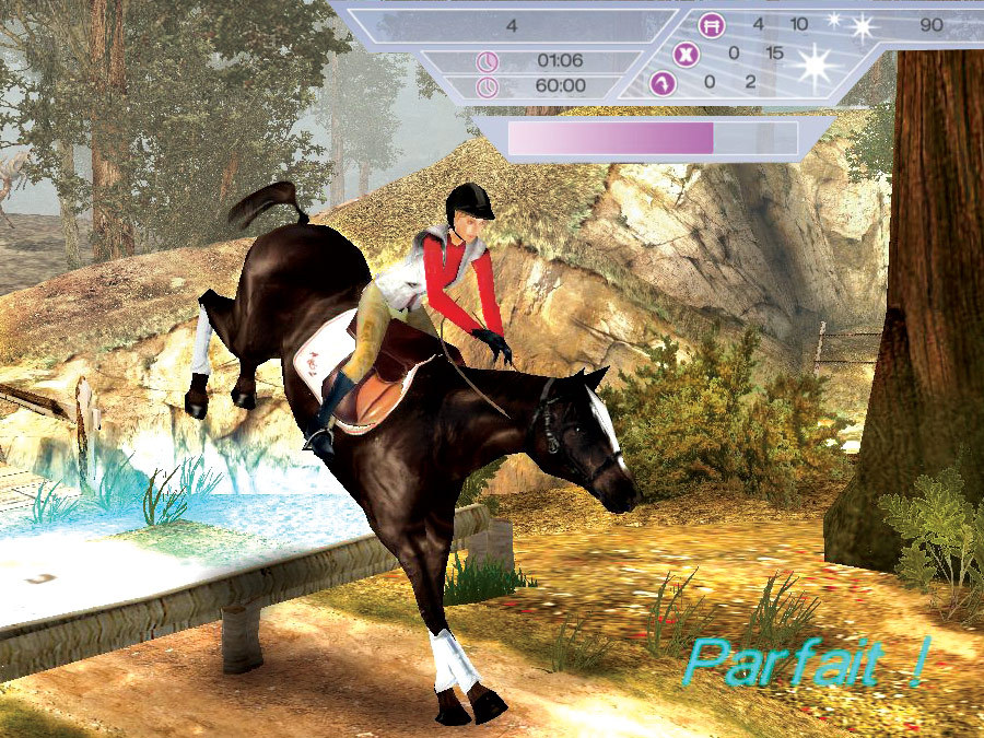 lowpoly horse with rider jumping over a small hurdle. there's various UI at the top of the screen. the bottom right has some very poorly rendered text that reads "Parfait!"