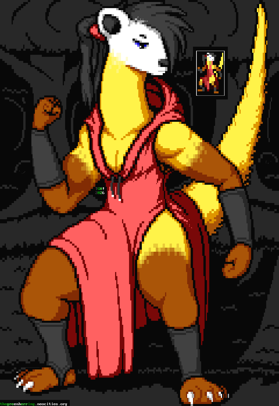 In this piece of ANSI art, a Japanese marten person with spiky black hair in a ponytail stands poised to fight in a dark forest, narrowing their eyes. They are dressed in a sleeveless red robe with a huge hood and a side slit, a set of gauntlets and a pair of ankle protectors. Next them is an inset box containing the same marten in the same pose, but in a tenth of the size, drawn entirely with blocks, shade characters and punctuation.