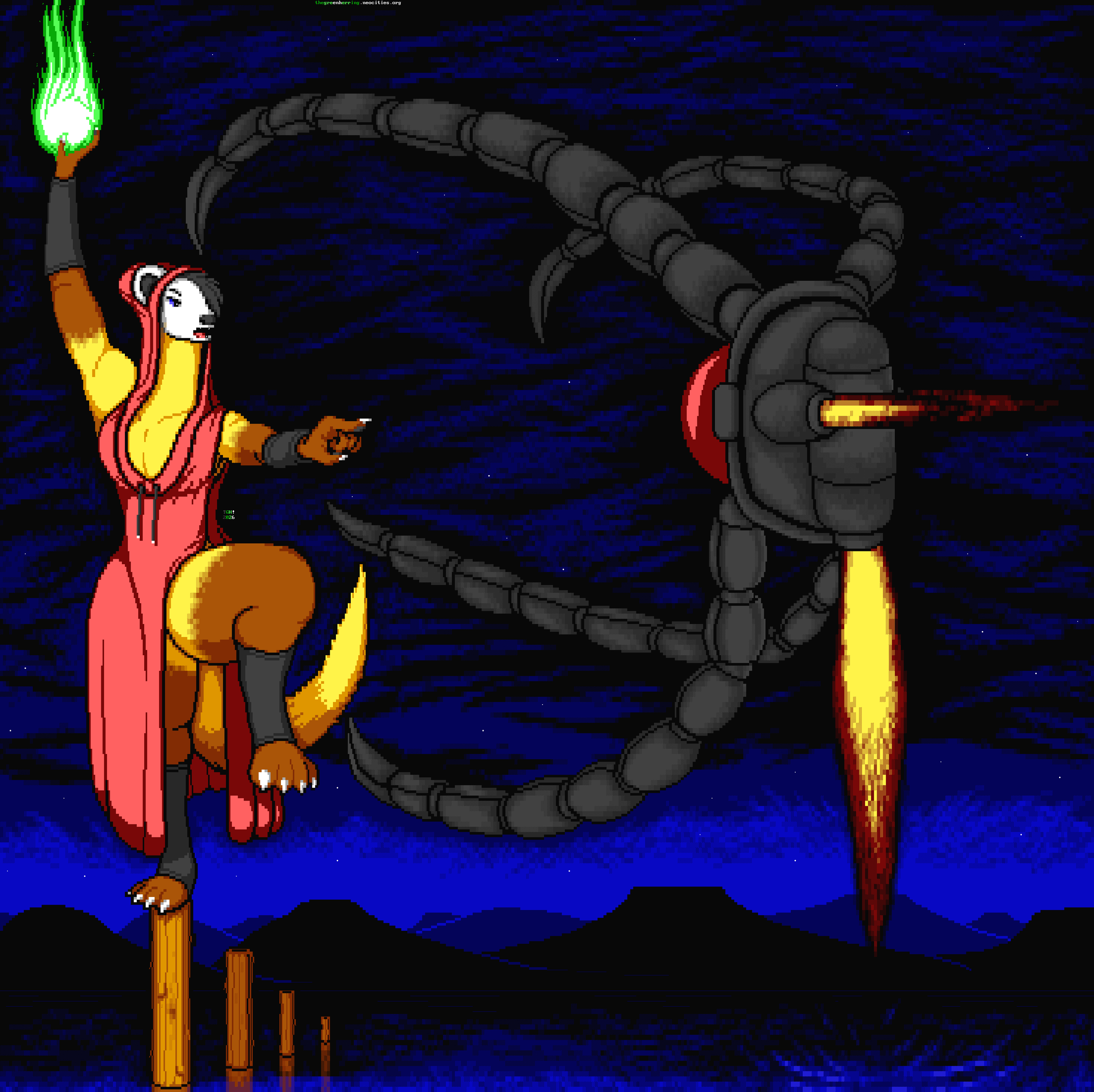 In this massive piece of ANSI art, at night, with the stars shining above, a long-necked Japanese marten person, a warrior mage standing on one leg on a wooden post in the middle of a lake, is casting a mystic fireball and aiming it a killer robot flying towards them. The mage is wearing a sleeveless robe with their hood up, their ponytail pushing it back, and a side slit that leaves their leg visible beneath their skirt. They are pointing at the giant orb in the middle of a robot flying with hover jets trying to attack them with four clawed tentacles. Its downwards jet is causing the lake water to ripple and splash with its force, reflections can be seen in the lake's surface, and the mountains surrounding the lake in the distance fade into the night sky.