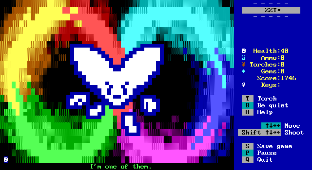 A screenshot of Cyber Purge v2.21, running in ClassicZoo, taken during a cutscene. TAKAMIMI, the VR avatar of the hero Takami Bluesky, a big floating fennec fox head with detached arms and legs, is standing with a defiant expression on their face over the abstract background of a blazing aura in the shape and colors of the rainbow infinity symbol. Along the bottom of the screen is a single line of dialog: "I'm one of them."