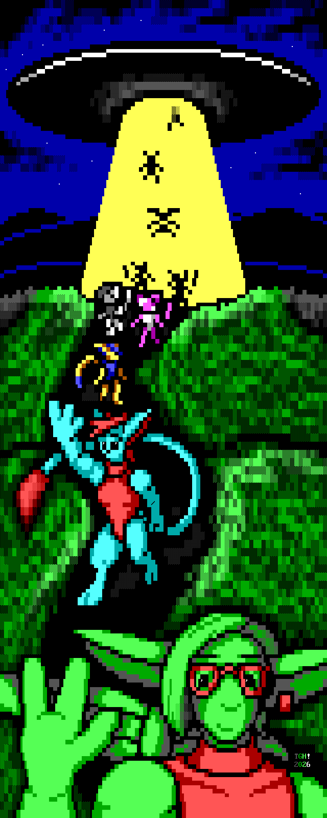 A long strip of ANSI art depicting aliens beaming down from a UFO over a grassy field at night, with mountains in the distance, and walking down a path to greet us, the people of Earth. They are various flavors of animalistic, with pointed ears, long tails, and digitigrade legs; and have only three fingers on each hand. The most visible of these creatures are various bright colors and clad in bodysuits. A pink alien in white and a white alien in black walk together, a yellow alien in blue with a blue-tufted tail strides on after them, and a cyan alien in red with a red-tufted tail waves to Earthlings off-screen, close enough to us that we can see their black beady eyes. In the front, closest to us, is a green fish-like alien in red wearing red-rimmed glasses, smiling and waving to us while their fish tail swishes behind them.