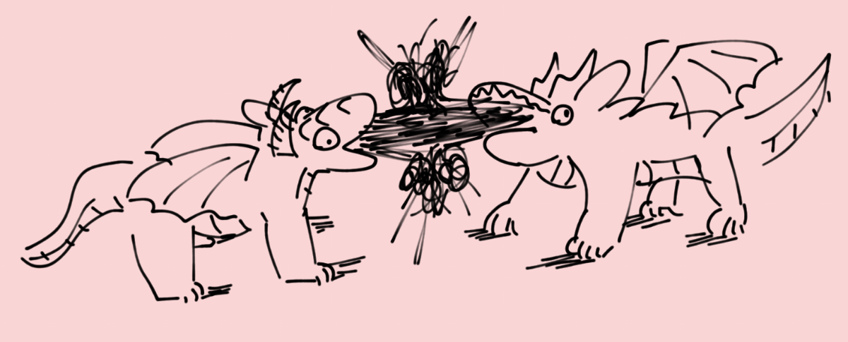Two dragons facing each other, a stream of diet coke coming from the mouth of each of them and slamming into one another like anime lasers. The dragons' claws are leaving marks on the floor from where the pressure is pushing them back.