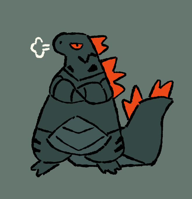 Chibi art of a kaiju, its body a very dark cyan color with bright red spikes and eye. It has its arms crossed and is snorting out a puff of air.