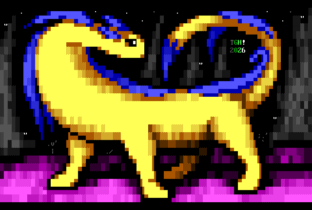 A yellow alien resembling a brontosaurus with blue leaf-like flaps on its head and back stands on purple grass at night surrounded by giant grey alien plants, looking over its back with its tail lifted. Various smaller creatures watch on, with only their eyes visible.