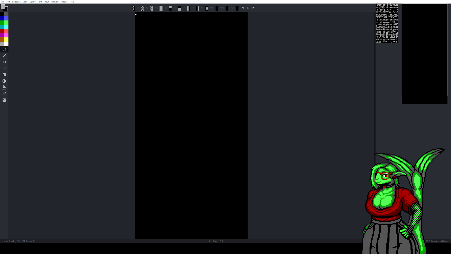 A masculine but buxom fishperson with parted hair and a choker in an oversized red shirt and pleated black skirt stands in the lower corner of the screen looking at the viewer in front of a blank canvas in the ANSI art program MoebiusXBIN. The canvas is black, the color palette and tools are to the left, the characters assigned to function keys are on the top, and the character map and thumbnail preview are to the right. The view of the canvas is zoomed out to show how tall it is.