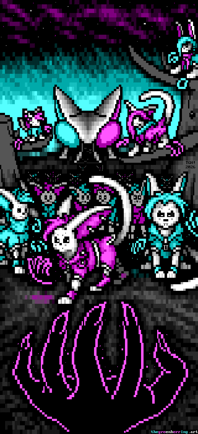In this long piece of ANSI art, using only shades of cyan, magenta, black and white, a massive cat-eared spaceship has landed in a clearing with dead trees, and its riders have gathered in front of the viewer. Some have climbed trees, some are still leaving the ship, but all of them are quadrupeds with long ears, psychic energy hands and clothes tailored for their bodies. The one in front, a smirking feline with spiky hair, is wearing a leather jacket, silver earrings, and anklets; he has sent one of his hands right in front of the viewer to beckon them over. He is flanked by his bodyguards: a serious fellow with a mohawk and a turtleneck, flashing his psychic claws and indicating he's present and ready to use them; and a big one with short parted hair and a hooded jacket bearing his claws and fangs and poised to pounce at the slightest move. Both of them are prepared to tear the viewer apart if they do anything other than what the leader is asking for.