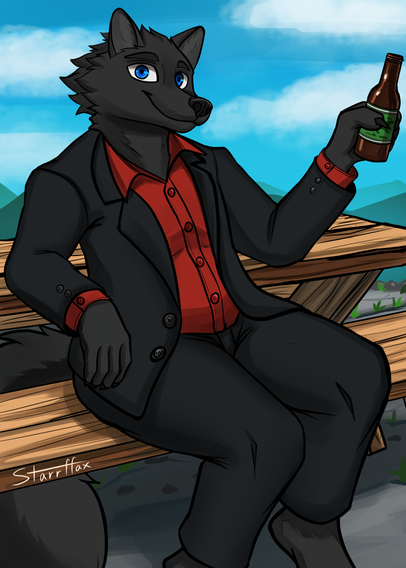 Art drawn by Starrffax, of a black wolf wearing a black suit, with red shirt and enjoying a beer on a sunny day. They seem to be looking back at someone, hehe. The pic is a 2d simple rendered pic with simple background, and its also full rendered and sketch and got some abstract elements with realism.