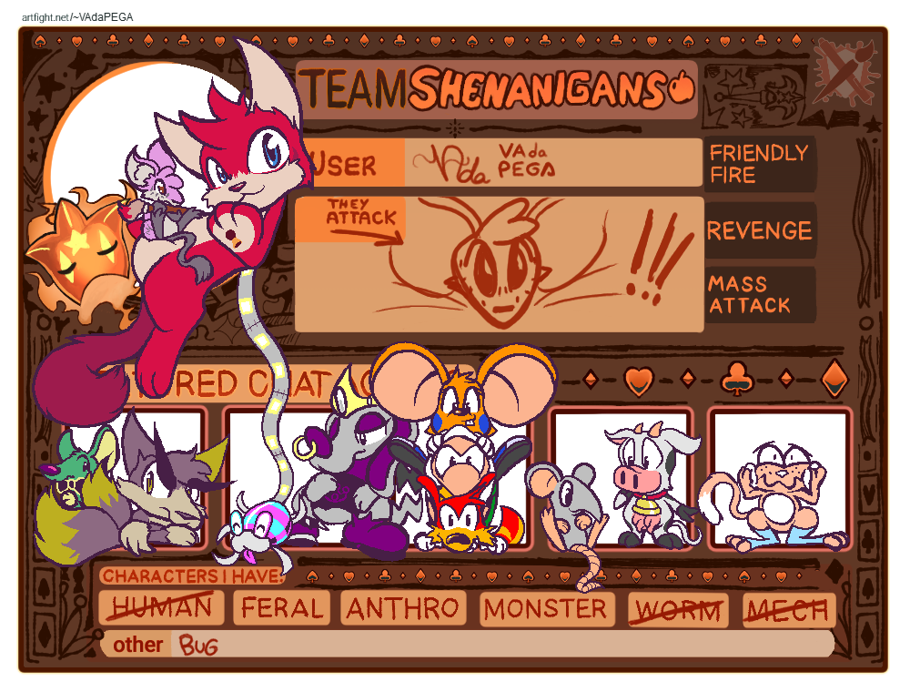 Artfight card featuring Pantufa the cat with a Honker paw pad, Vivie the mouse, Parkerat, Tomylobo, SCTLSRF, Tinara, the proto slop cast, SRB2 animals and Fanpuff