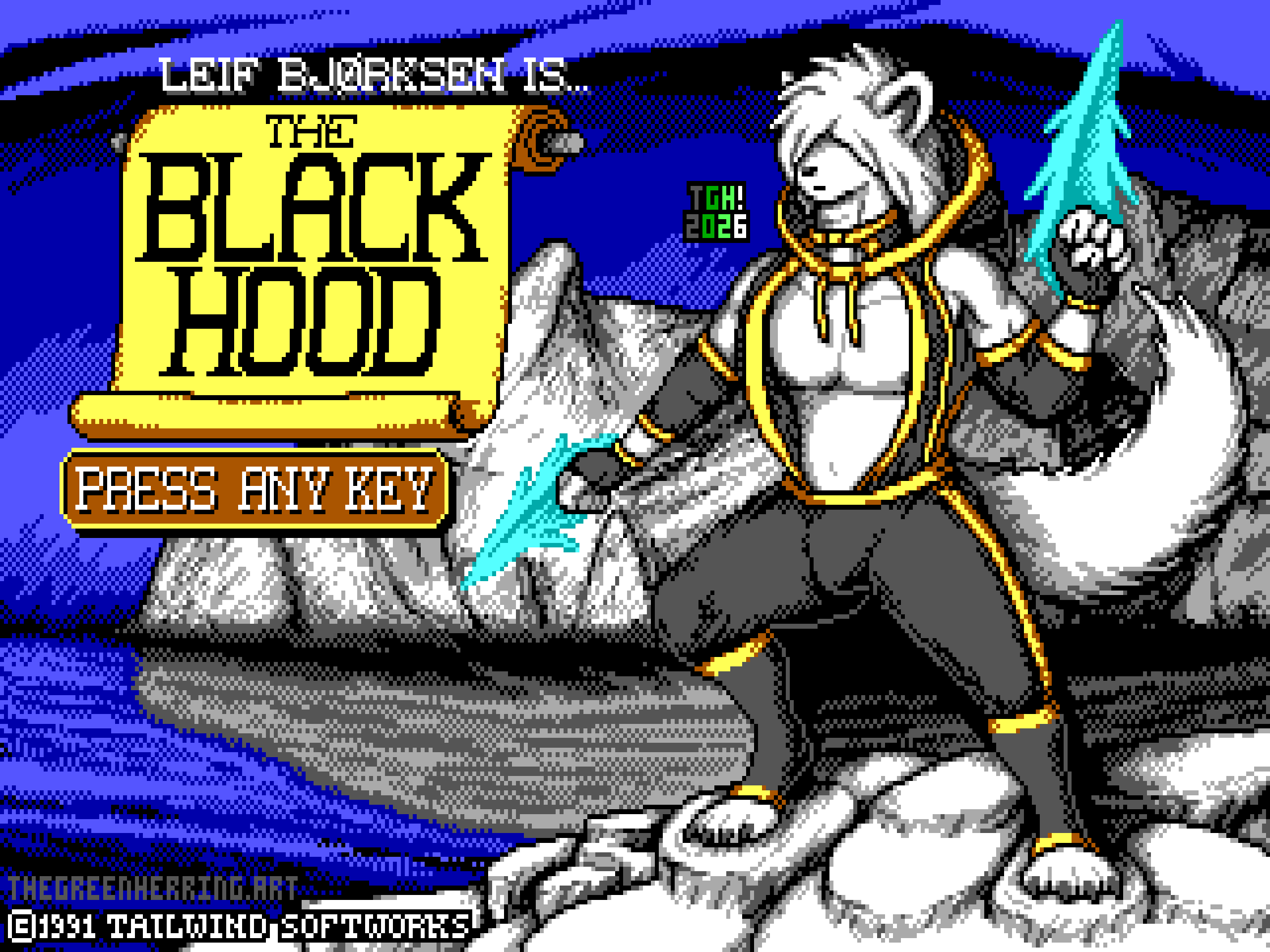 A pretend pixelart title screen for a 1991 DOS game titled "The Black Hood" rendered in IBM EGA video. It depicts Leif Bjørksen, a long-haired arctic fox and superpowered thief, standing on a snow-covered rocky coast in a fjord in Norway, brandishing blades of energy from his wrists. He is wearing an open hooded sleeveless shirt that shows off his athletic chest, long bangs that completely cover his eyes, form-fitting detached sleeves, and fingerless gloves. He is wearing his hood down to show that he has a long and massive shock of white hair. His shirt is tucked into trousers loose in the legs but tight in the middle, which are in turn tucked into foreleg protectors covering his digitigrade legs. His clothes are black with bright yellow trimming. To the side, the serifed text "Leif Bjørksen is..." appears, followed by an unfurled scroll with the title "The Black Hood" written in bold and serifed black text. Underneath is a metal plate with the words "Press Any Key" on it. In the lower corner is a fictitious copyright notice which reads "© 1991 Tailwind Softworks".