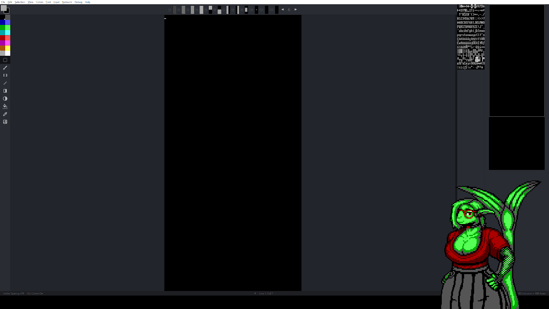 A masc-bodied but buxom fishperson with parted hair and a choker in an oversized red shirt and pleated black skirt stands in the lower corner of the screen looking at the viewer in front of a blank canvas in the ANSI art program MoebiusXBIN. The canvas is black, the color palette and tools are to the left, the characters assigned to function keys are on the top, and the character map and thumbnail preview are to the right. The view of the canvas is zoomed out to show how tall it is, and the font is stretched to simulate how it would look on an contemporary 4:3 PC monitor from the DOS era.