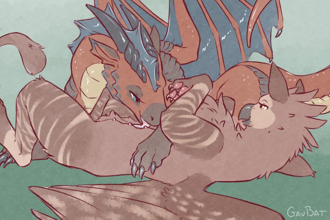 Digital drawing of a dragon and griffin, both female.  The griffin is lying on her back while the dragon licks across her belly nipples.