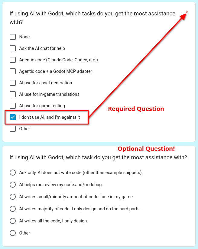 A screenshot from the survey showing a question "If using AI with Godot, which tasks do you get the most assistance with?" I've highlighted "I don't use AI and I'm against it" and indicated it's a required question. There's a second question "If using AI with Godot, which task do you get the most assistance with?" and pointed out it's optional