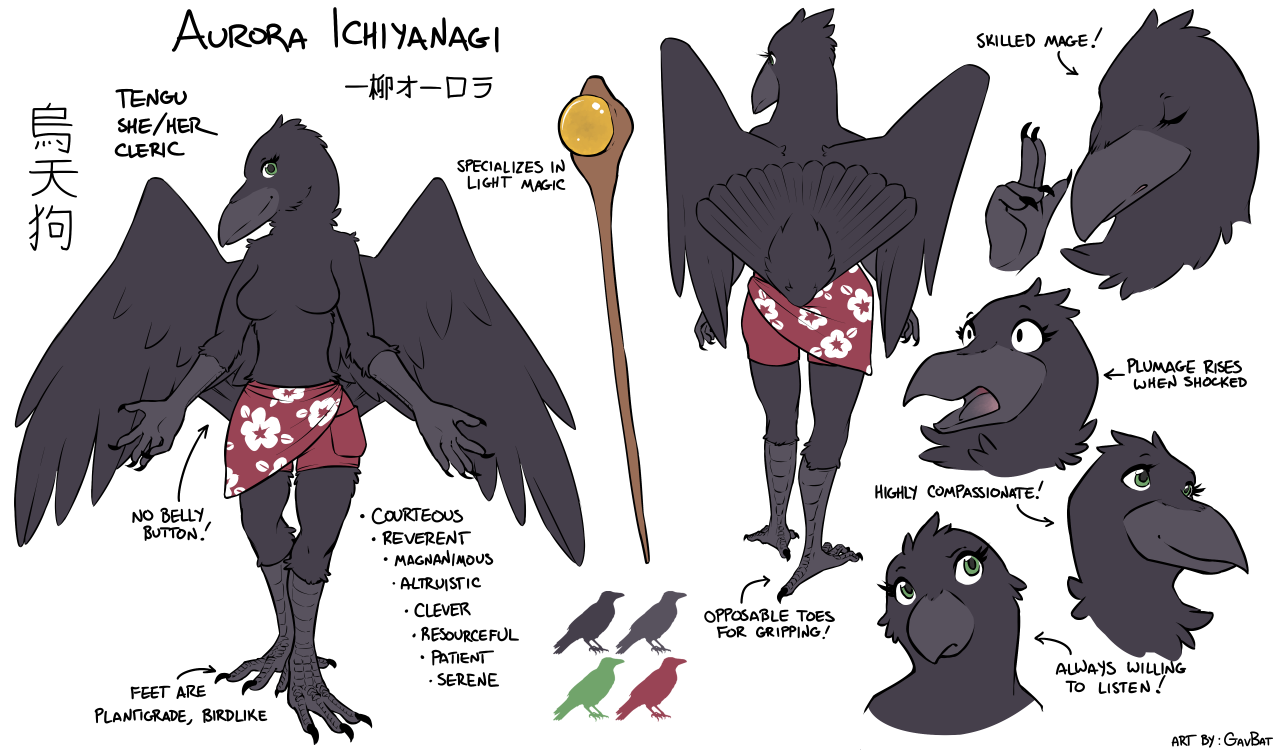 Digital drawing.  Reference sheet for an anthropomorphic crow / karasu tengu named Aurora Ichiyanagi.