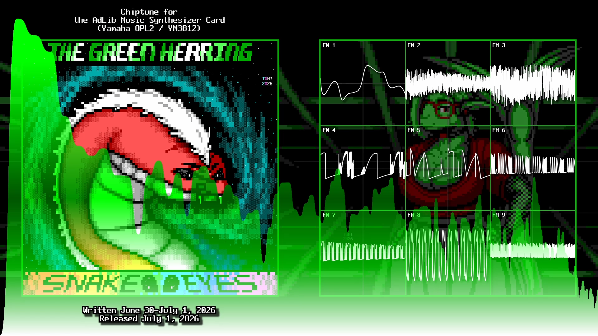 A snapshot from an upcoming YouTube video upload of The Green Herring's "Snake Eyes". One side shows the cover art, an ANSI art portrait of a planet-dwarfing rainbow snake with the artist's name in a green-white gradient and the title surrounding an image of the snake's eyes over a rainbow banner, with text above and below reading, "Chiptune for the AdLib Music Synthesizer Card (Yamaha OPL2 / YM3812). Written June 30-July 1, 2026, released July 1, 2026." The other side shows oscilloscopes for all nine individual FM channels of the YM3812, which animate as the music plays. Overlaid over the art and the scopes is a spectrum visualizer in a white-green gradient. Behind the scopes is the artist herself, a buxom green fishwoman with glasses in an oversized red shirt, a pleated black skirt and fishnet, smiling with arms akimbo as she looks at the person listening to her music and wags her tail.