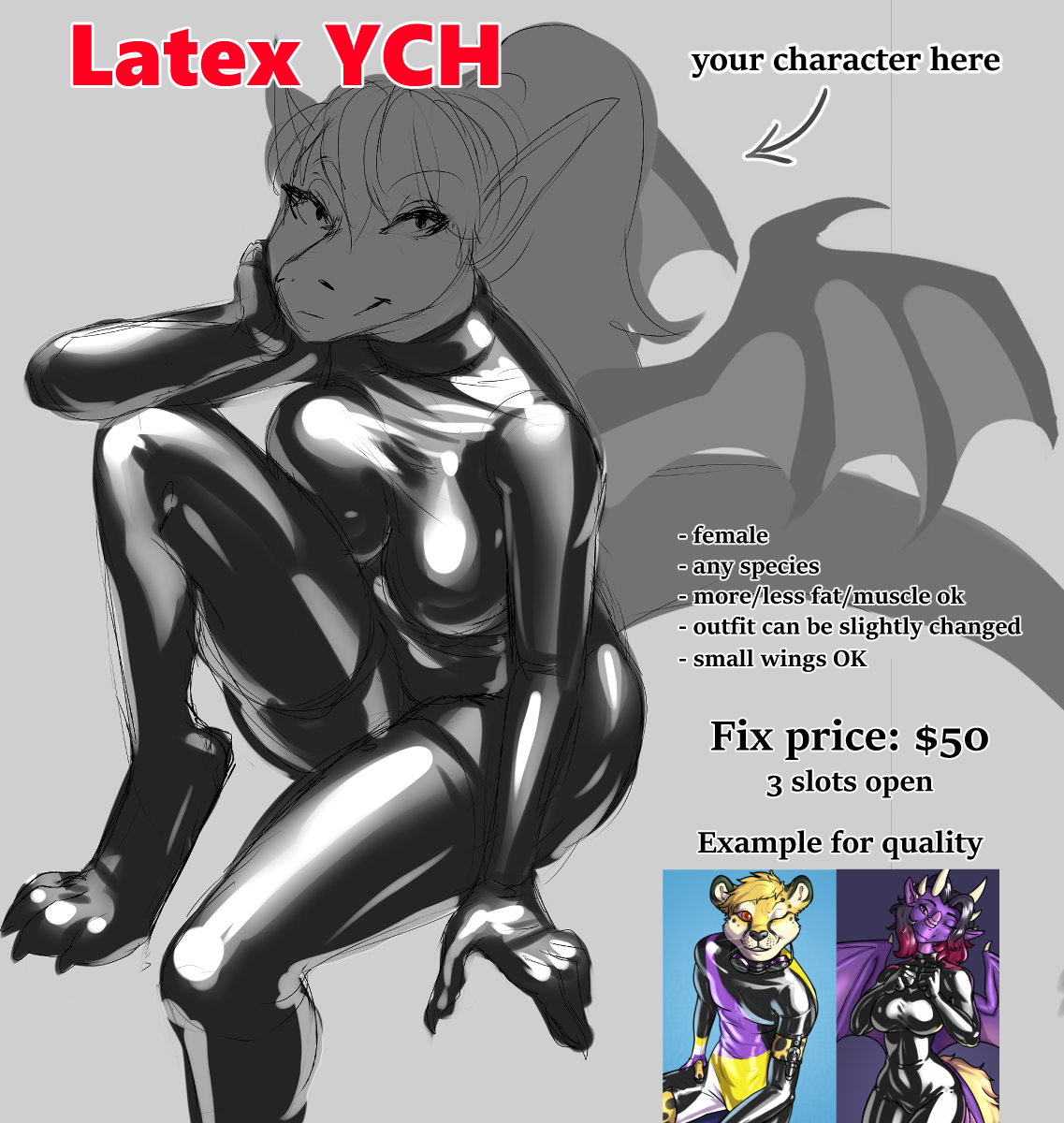 ychs sale post, $50, anthro female blank character in full latex suit sitting