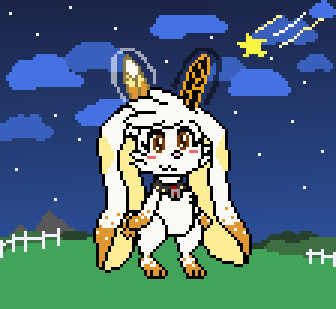 Lohlite. Art of a bipedal white rabbit character with very long ears that end in an orange marking. They have two crystal antlers and are standing on top of a hill at night, with some fences and mountains in the background. Lots of stars are visible, including a shooting star.