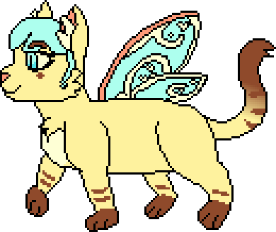 Celeste. A quadrupedal yellow cat with butterfly wings, and red stripes on the legs and tail. She has short blue hair.