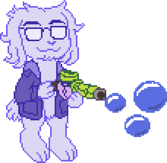 Mimiga sona. Art of a bipedal Mimiga character wearing a jacket and glasses, and holding the bubble gun from Cave Story, which he's using to shoot out bubbles.