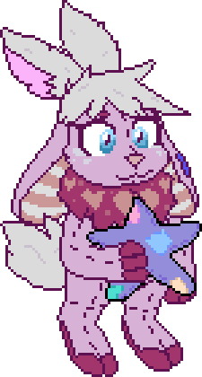 Sugarrbun. A plush bipedal Cybunny from Neopets, with a body made of slightly purple desaturated fabric, and reddish coloring on the paws and dewlap. The character is holding a plush star with patches on it, and they have an additional pair of ears atop the plush ones, colored in gray.