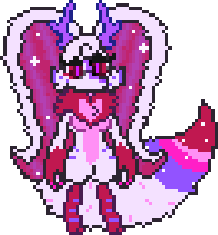 Fecto Asmara. Art of a character based on the same species as Fecto Elfilis from Kirby, but in different colors (somewhat pinkish, with red as the accent color) and a big fluffy tail