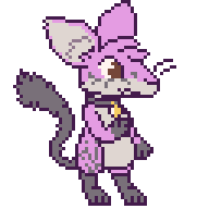 A small purple mouse with a very fluffy tail. They have gray fur on their tummy and muzzle and in their ear, and darker gray fur on the paws and tail. There's gray markings on the side of the face and on a leg.